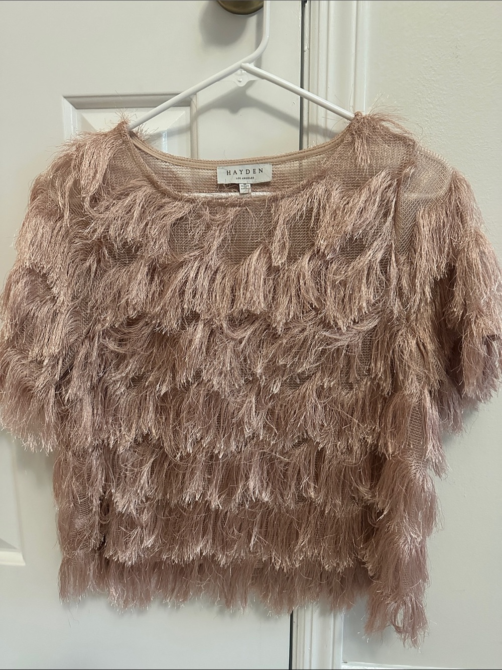 Hayden Blush Feather Fringe Knit Tee